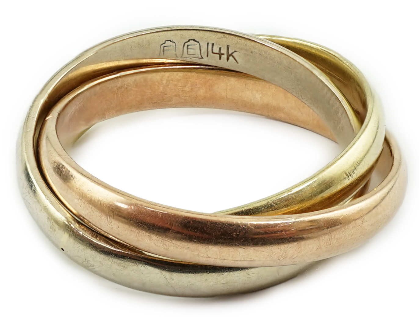 A modern three colour 14k gold 'Russian' wedding ring